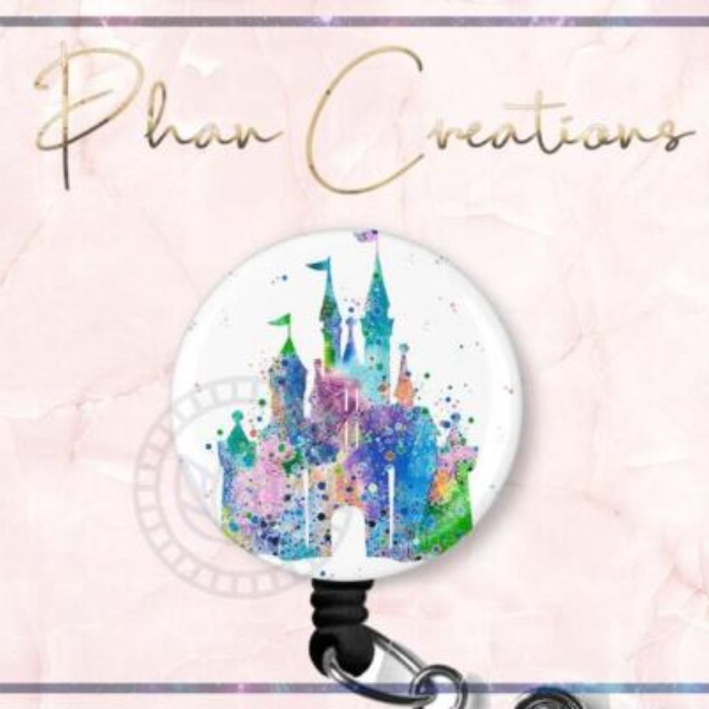 Watercolor Castle Retractable Badge Reel Cute Nurse Student Mouse XRay ID Holder